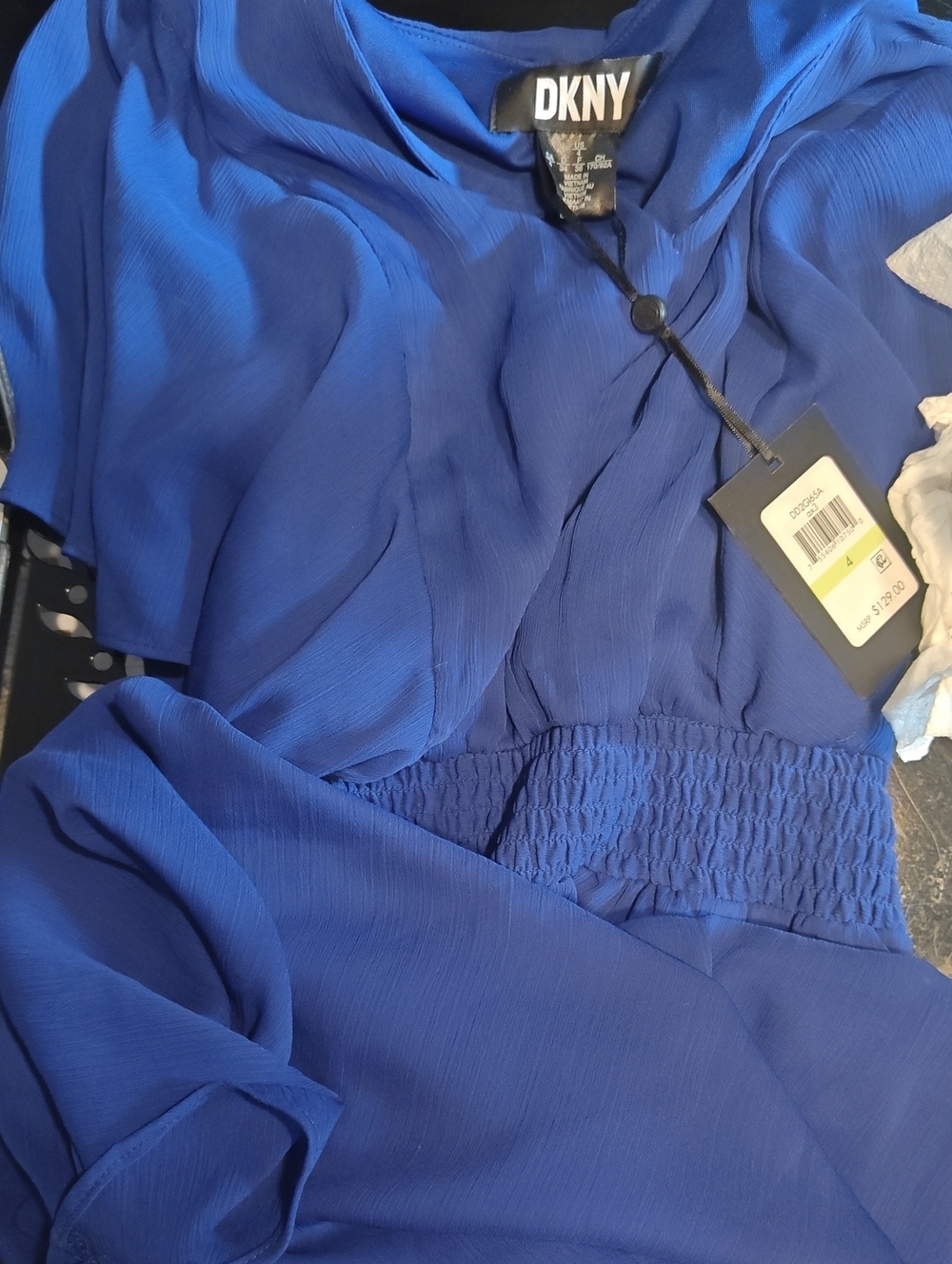 DKNY Cobalt Blue Smocked-Waist Mini Dress Flutter Sleeves, NWT Size 4